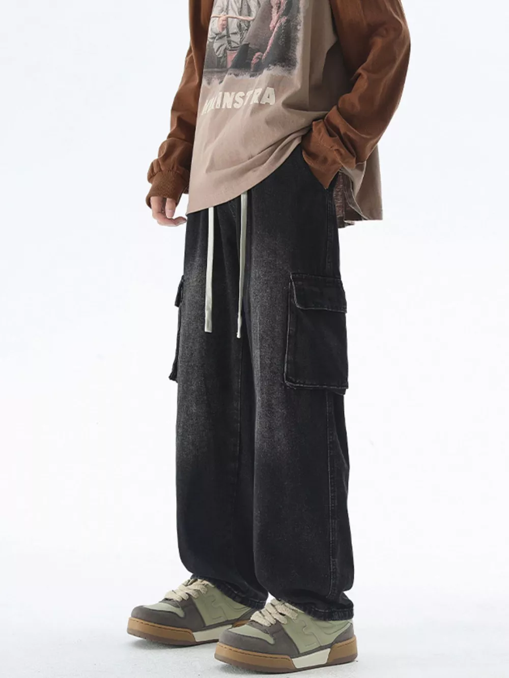 Men's Drawstring Wash Wide Leg Jeans, image 6