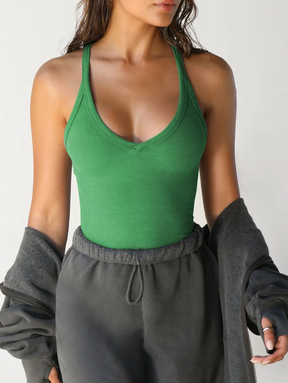 Ribbed V-Neck Halter Tank Top, image 2