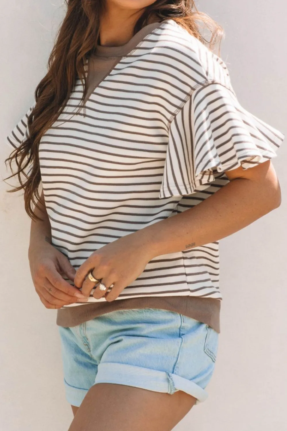 Contrast Striped Ruffle Short Sleeve Top, image 10