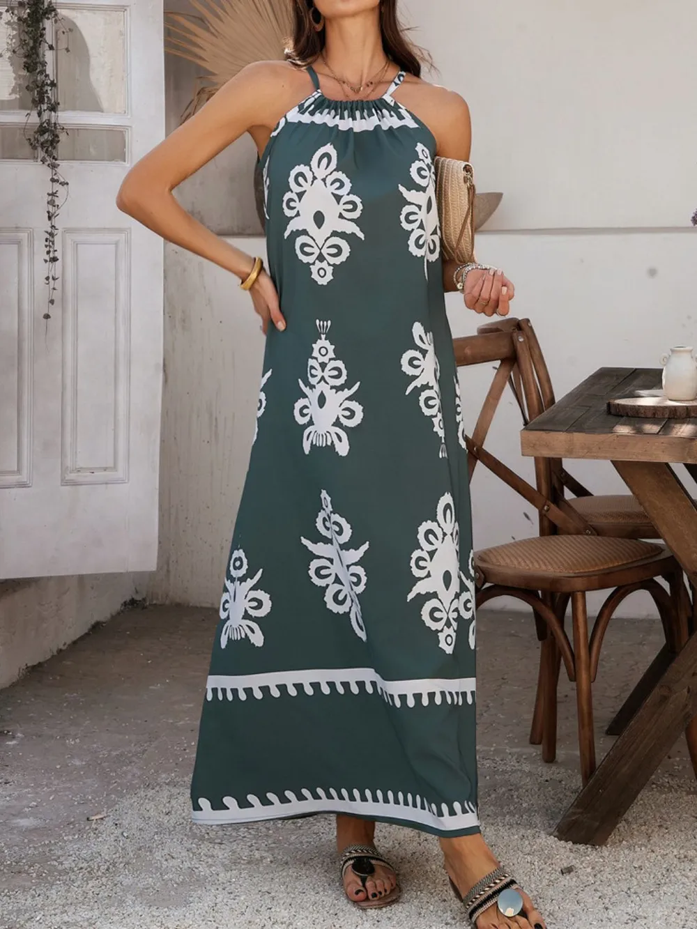 Grecian Neck Printed Maxi Dress, image 24