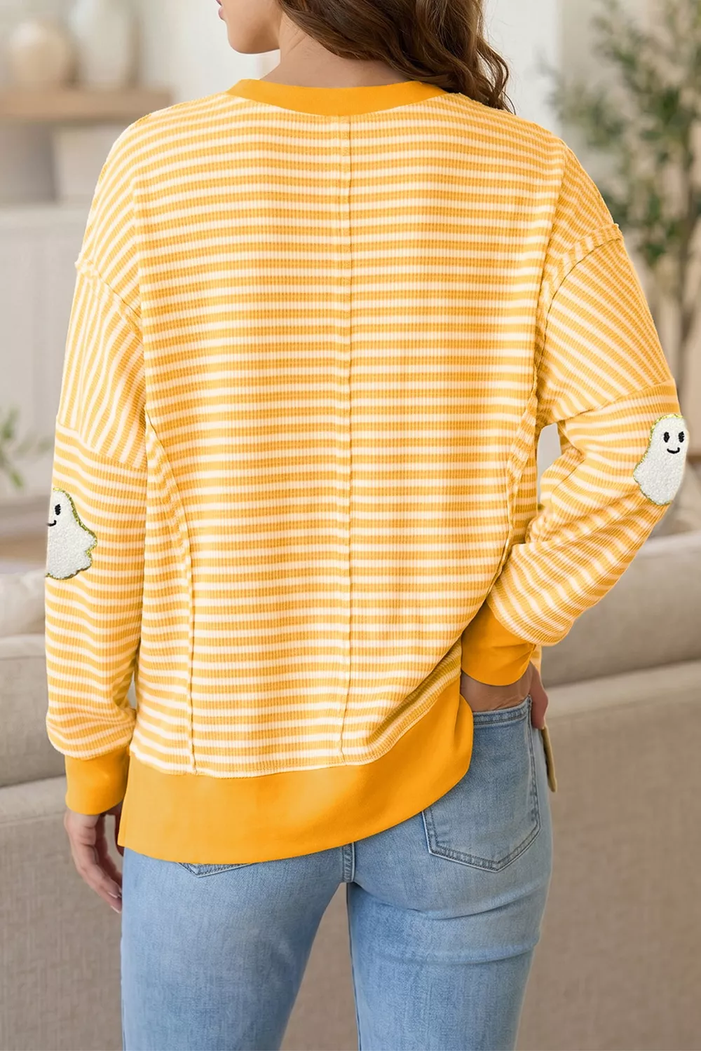 Stripe Halloween Ghost Patch Round Neck Long Sleeve Top, image 2
