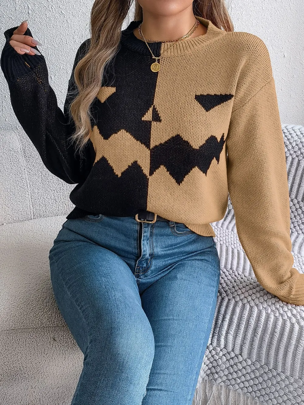 Contrast Round Neck Long Sleeve Sweater, image 8