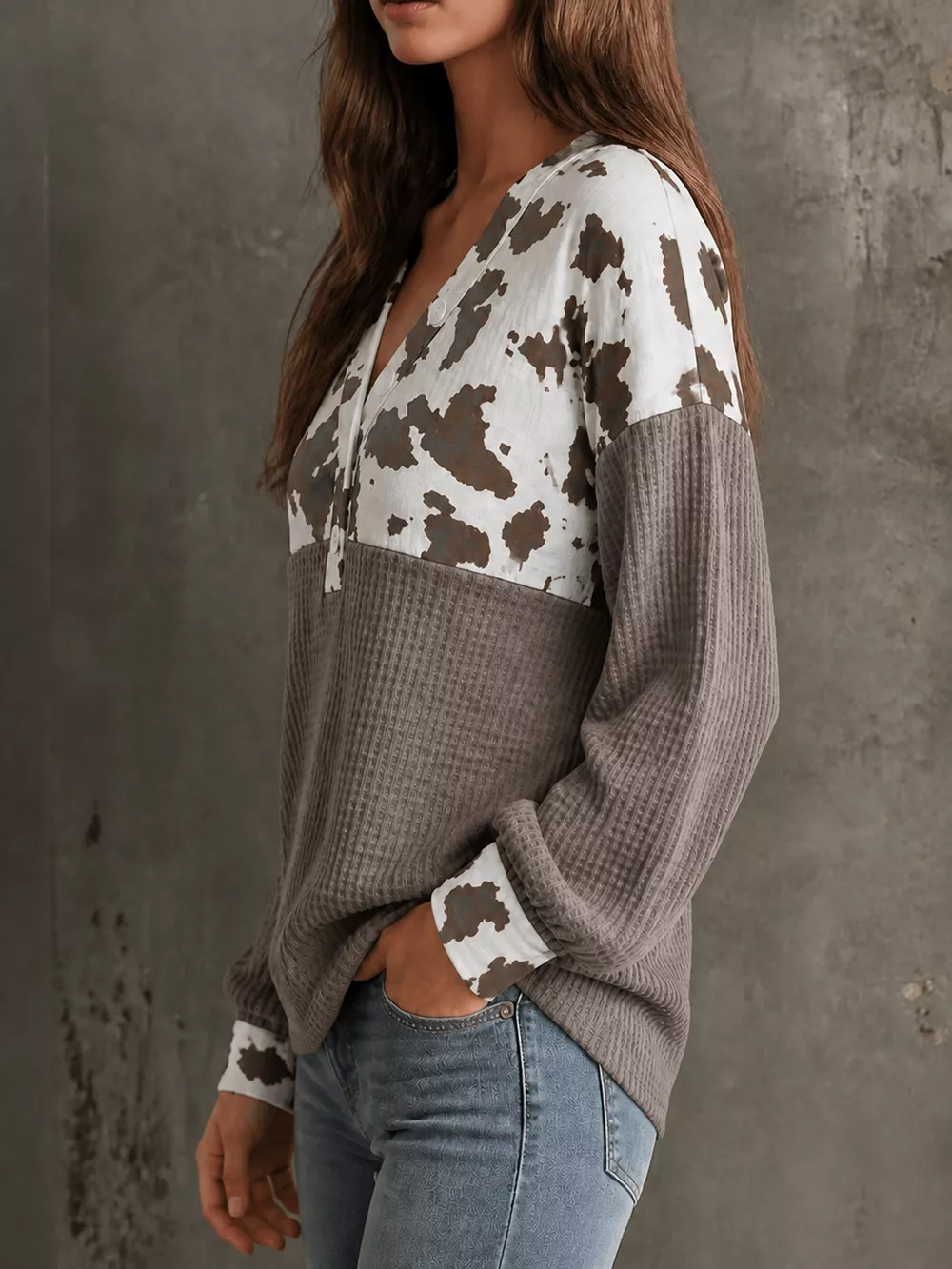 Cow Print Color Block Waffle Knit Blouse, image 9