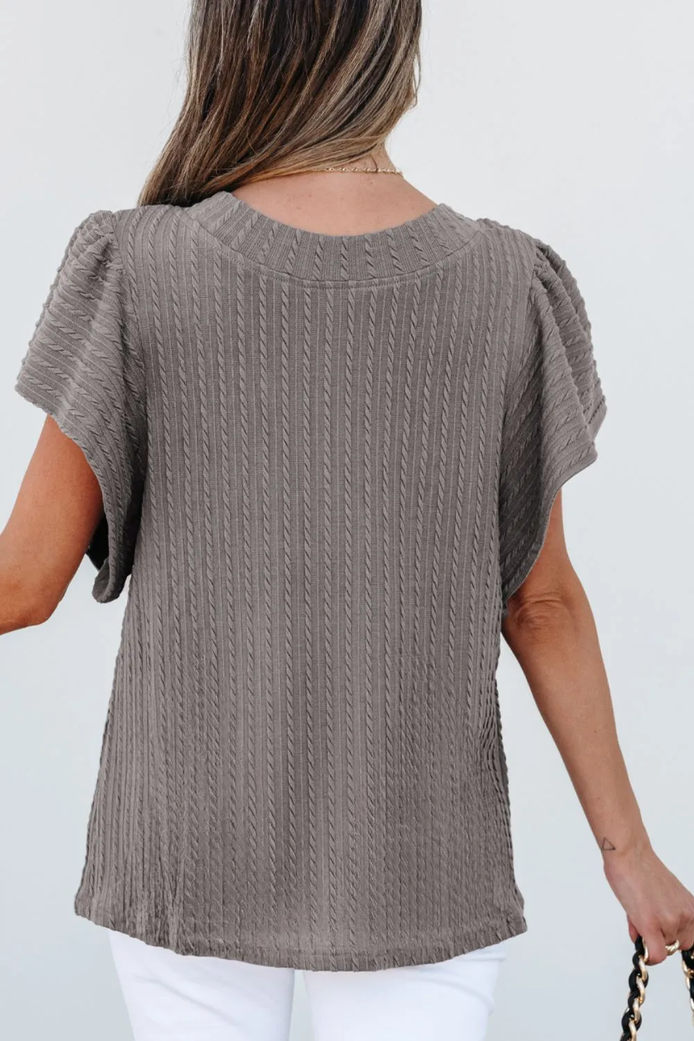 Textured Round Neck Flounce Sleeve Blouse, image 7