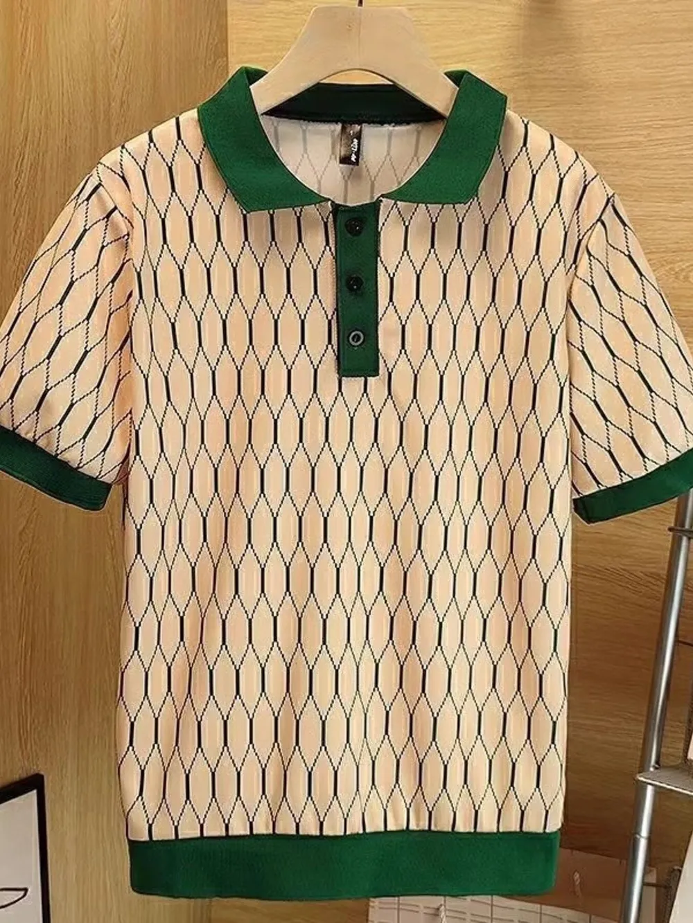 Men's Plus Size Diamond Pattern Contrast Collar Knit Polo