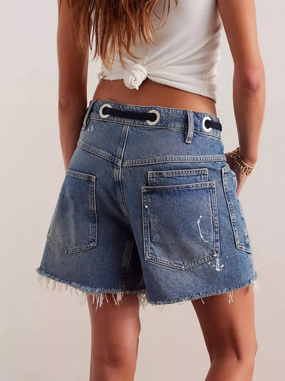 Drawstring Raw Hem Denim Shorts, image 3