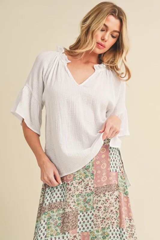 Side Slit Notched Ruffled Half Sleeve Blouse