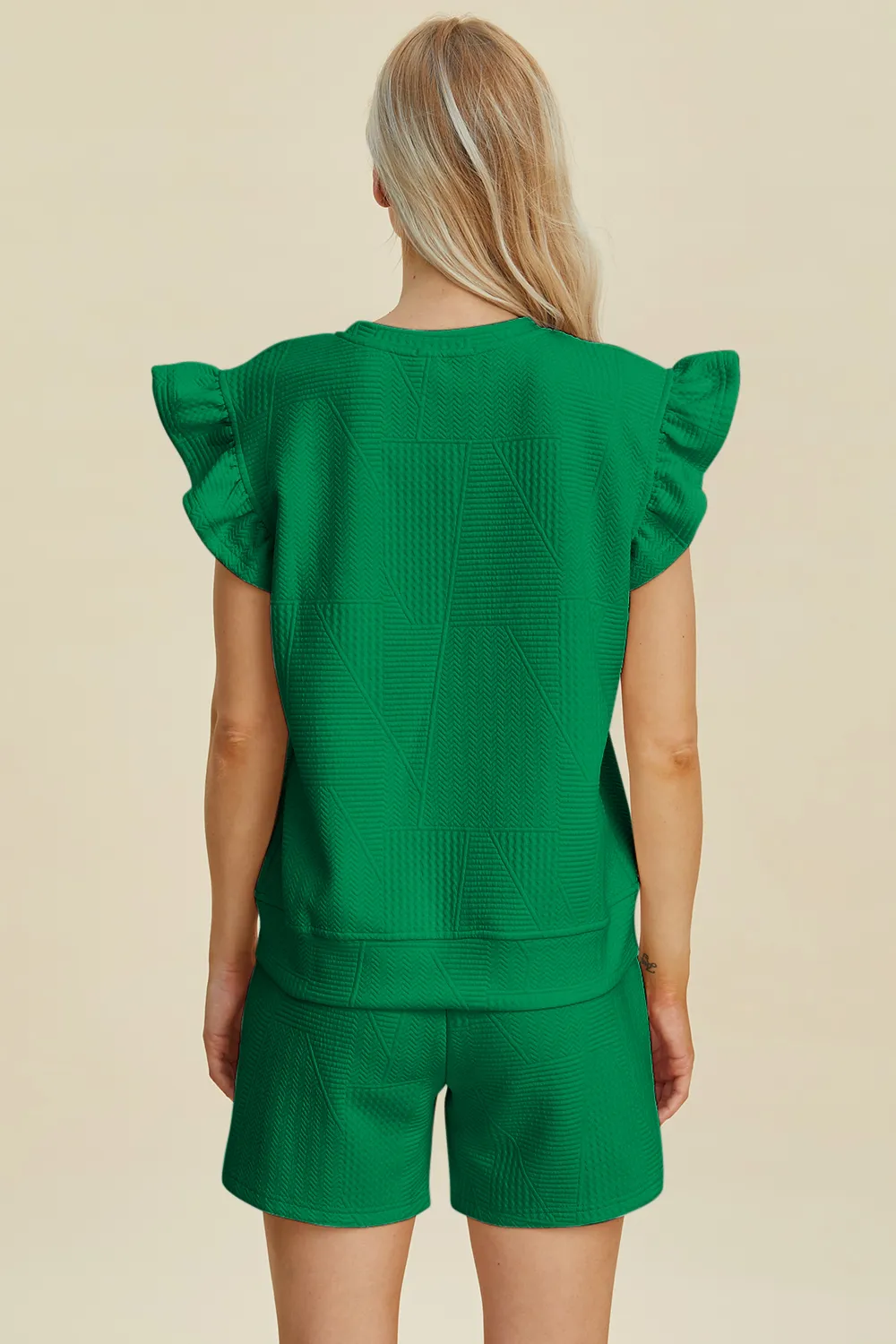 Full Size Texture Round Neck Ruffle Sleeve Top and Shorts Set, image 18