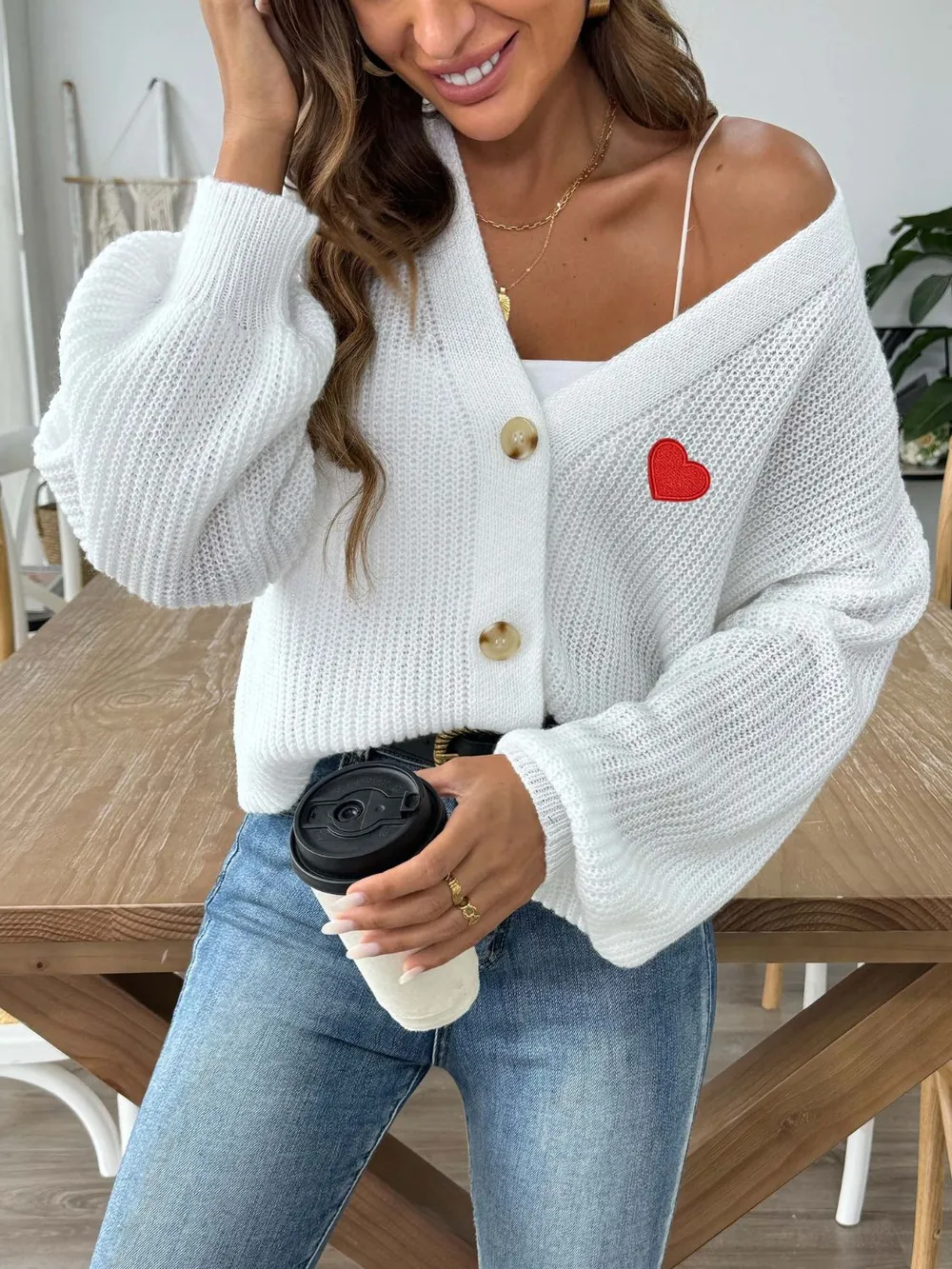 Heart Button Down V-Neck Long Sleeve Cardigan, image 5