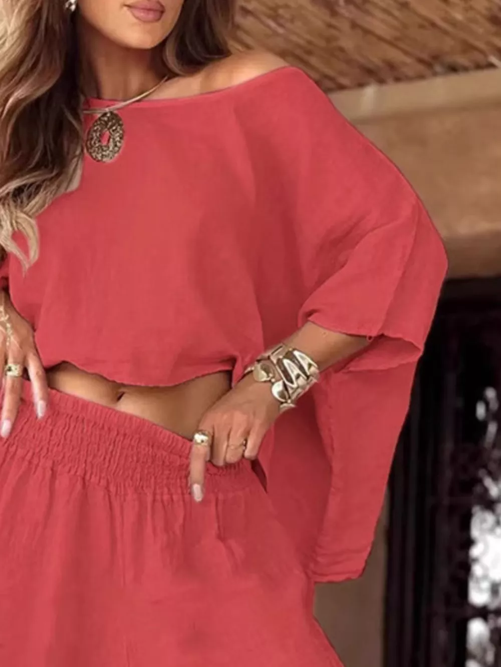 Full Size Boat Neck Top and Wide Leg Pants Set Plus Size, image 10