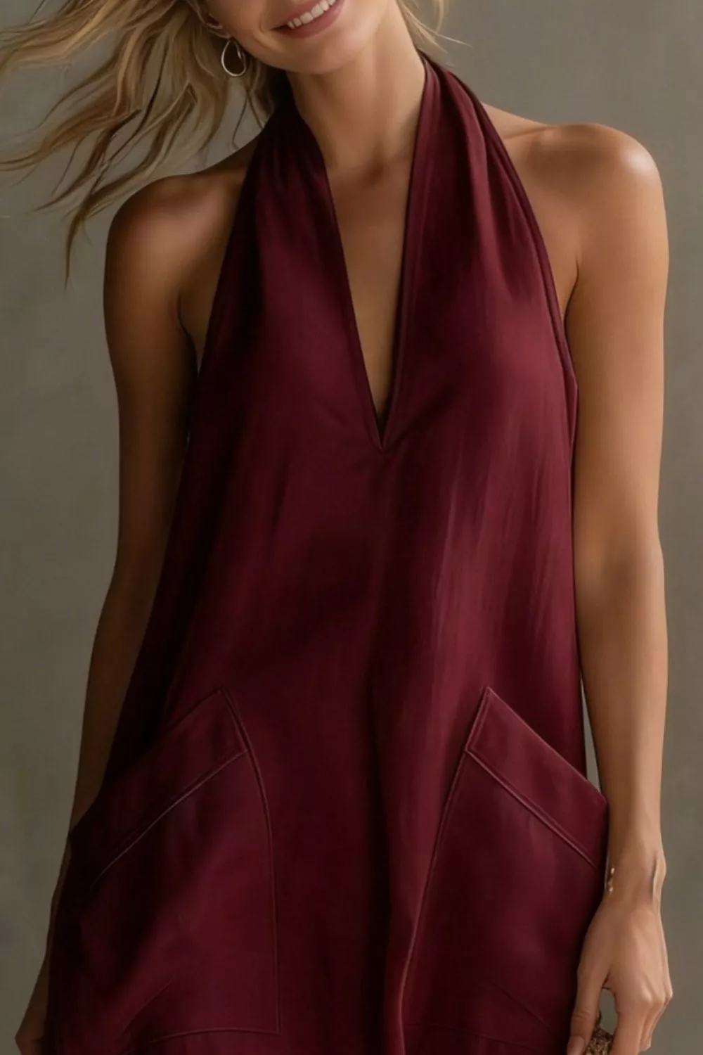 Casual Halter Neck Pocket Midi Dress, image 20