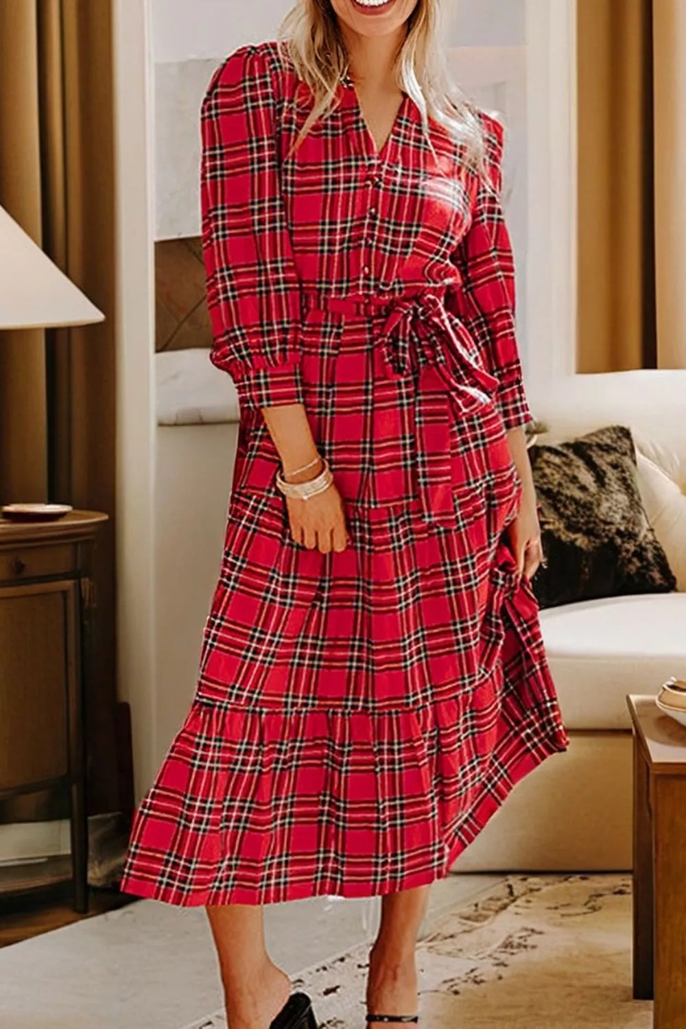 Christmas Plaid V Neck 3/4 Sleeve Tie Waist Ruffle Hem Midi Dress, image 6