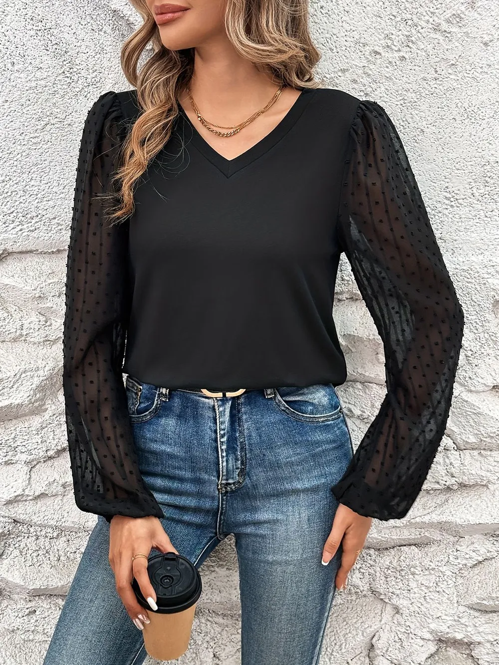Full Size V-Neck Swiss Dot Long Sleeve Blouse, image 4