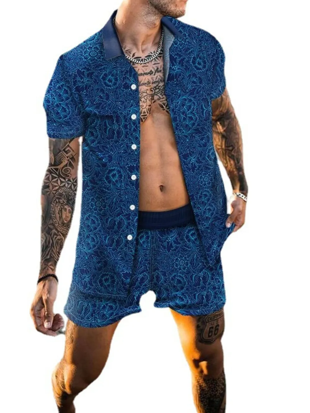 Men's Full Size Printed Collared Neck Short Sleeve Top and Shorts Set Plus Size, image 4