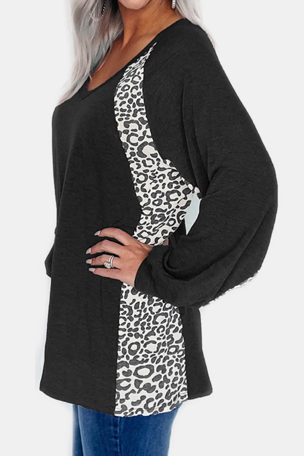 Full Size Leopard V-Neck Long Sleeve T-Shirt, image 5