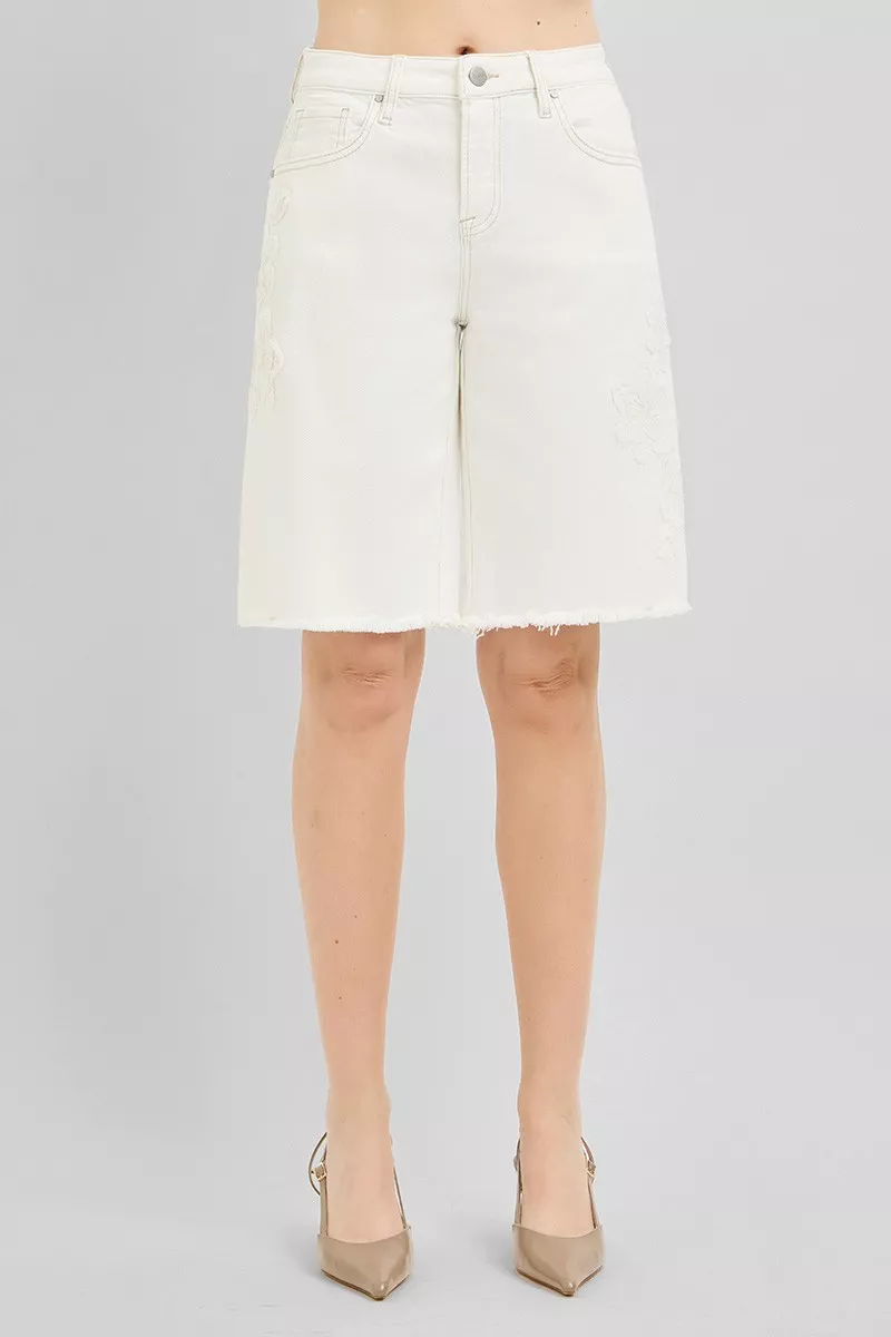 Slouchy Relaxed Floral Embroidered Bermuda Denim Shorts, image 6