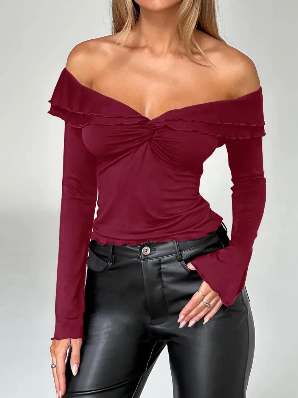 Twisted Ruffled Off-Shoulder Long Sleeve T-Shirt, image 6