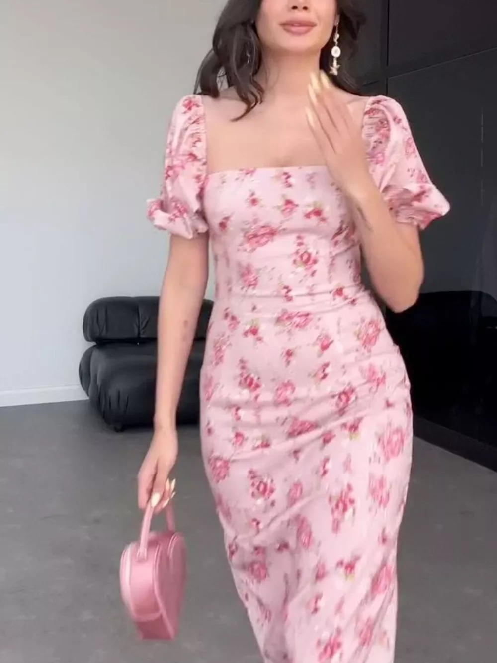 Floral Puff Sleeve Ruched Midi Dress, image 3