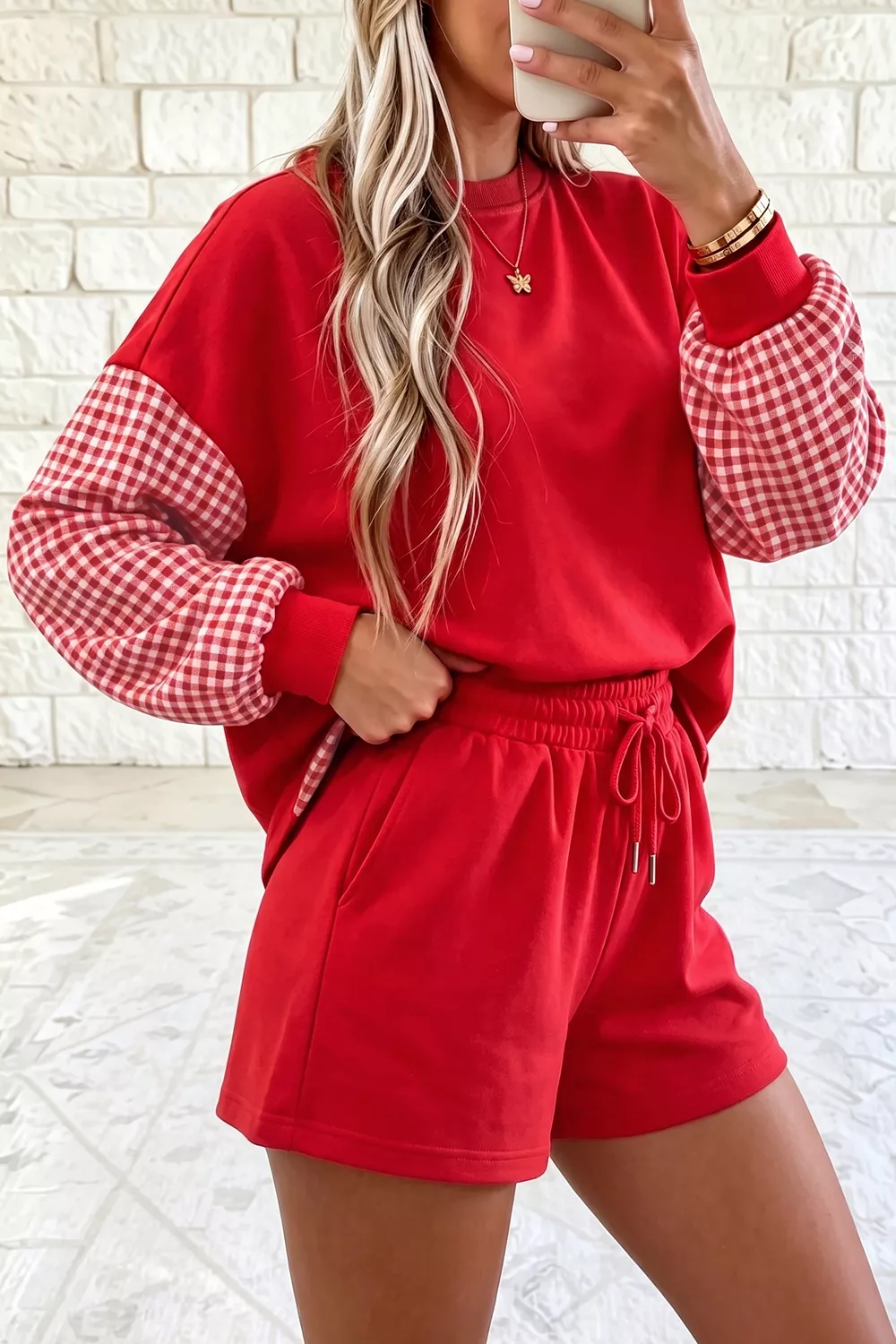 Gingham Patchwork Long Sleeve Sweatshirt and Shorts Set, image 3