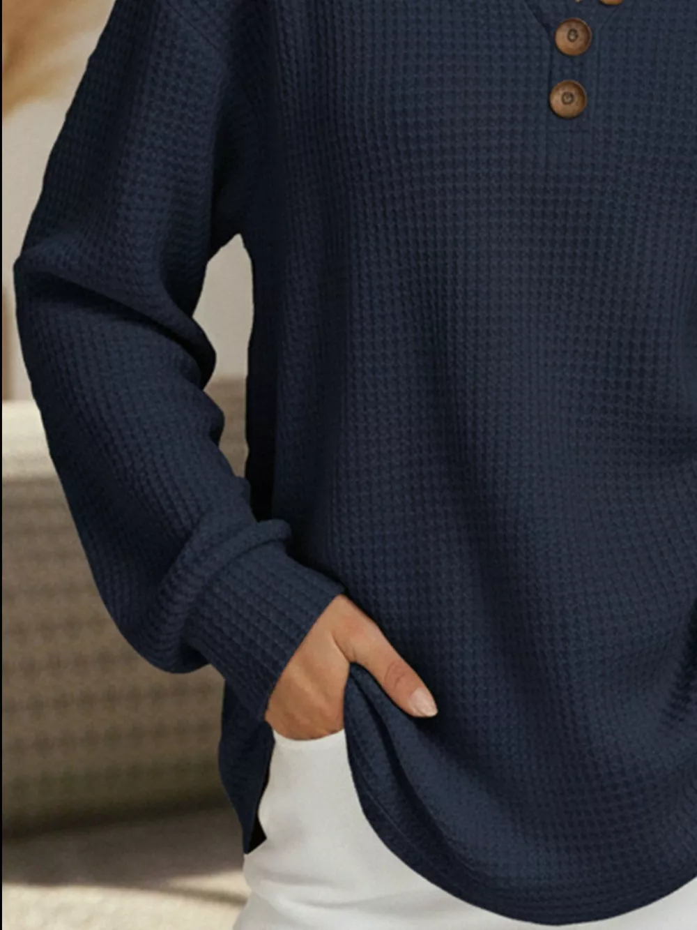 Full Size Casual Waffle Knit Long Sleeve T-Shirt Plus Size, image 8