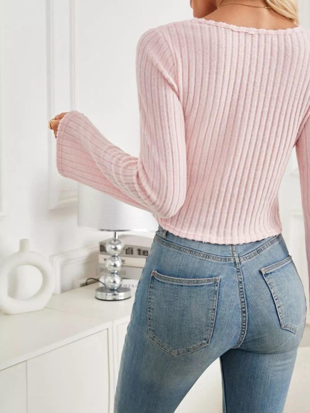 Ribbed Knit Drawstring Long Sleeve T-Shirt, image 6