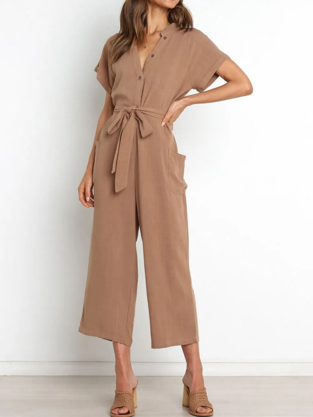 Notched Short Sleeve Tie Waist Jumpsuit, image 10