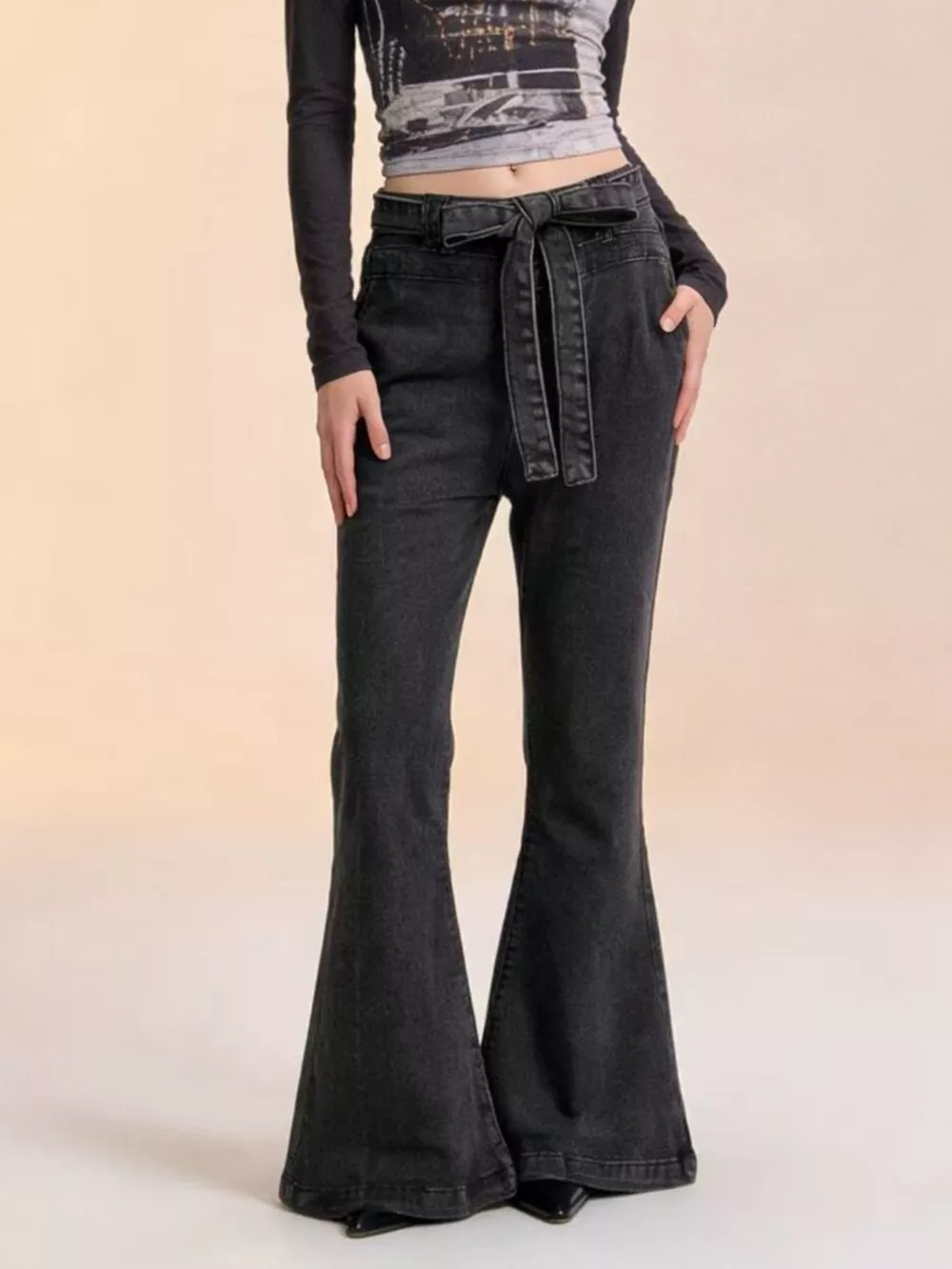 Bow-Tie High-Waisted Flare Jeans, image 6