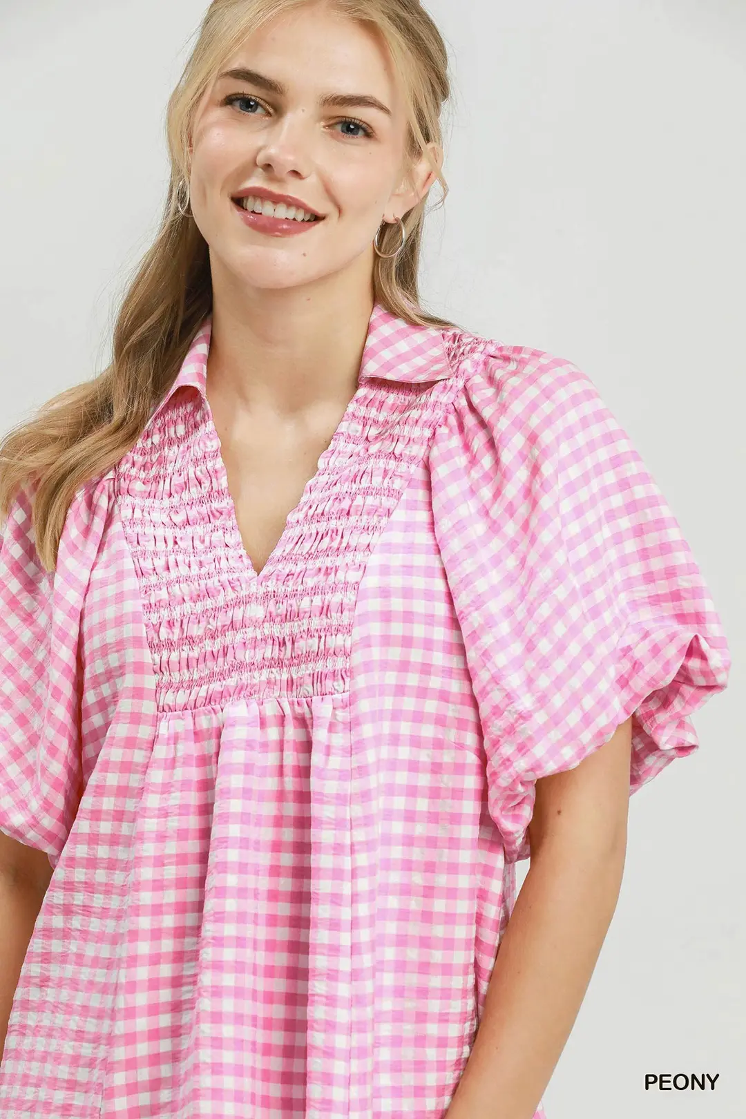 Smocked Yoke Puff Sleeve Gingham Blouse, image 5