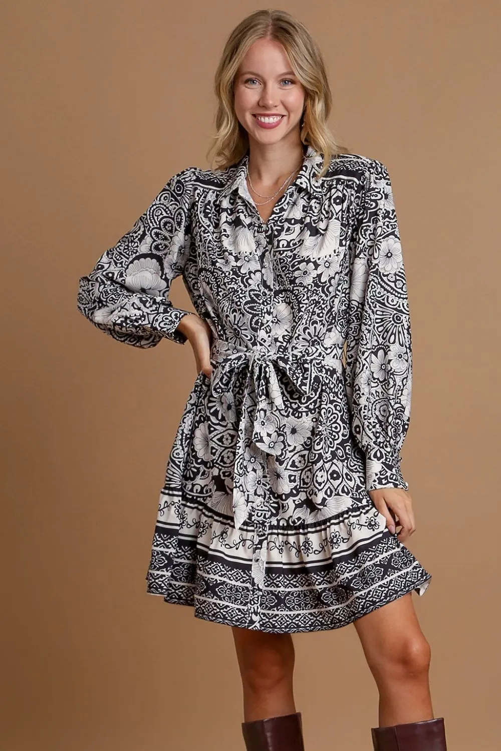 Full Size Two Tone Floral Border Print Tie Waist Mini Dress Plus Size