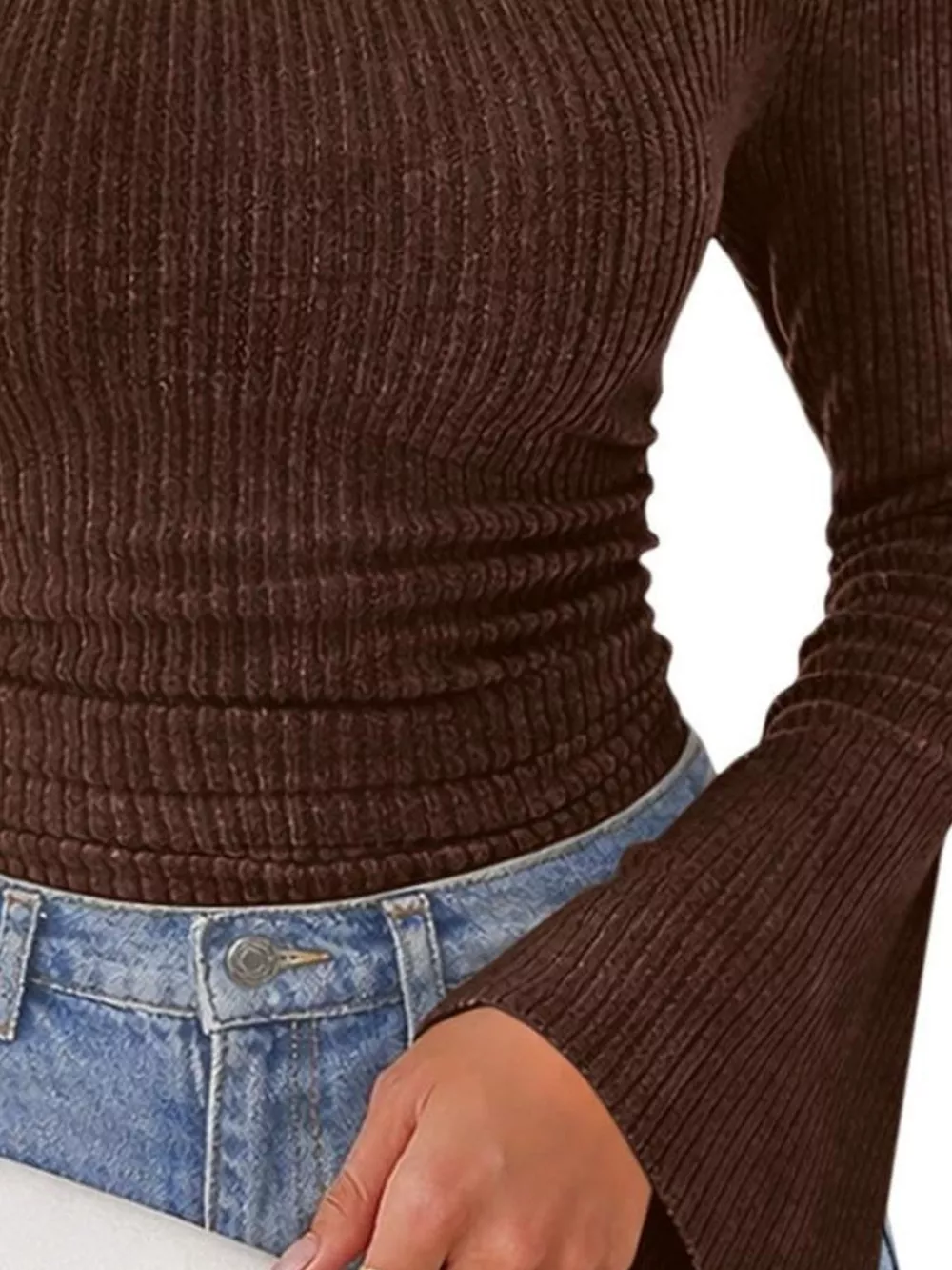 Ribbed Knit Cowl Neck Flared Sleeves Top, image 15