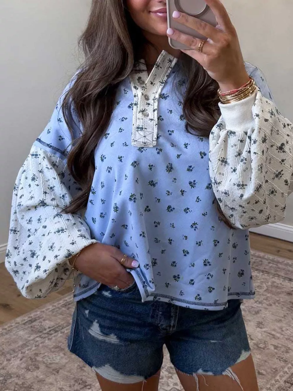 Floral Print Contrast Long Sleeve Tops, image 2