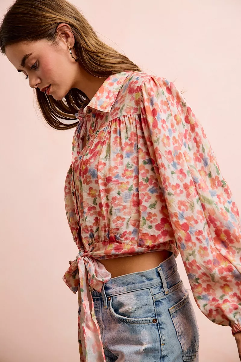 BiBi Floral Print Tie Hem Detail Crop Shirt, image 9