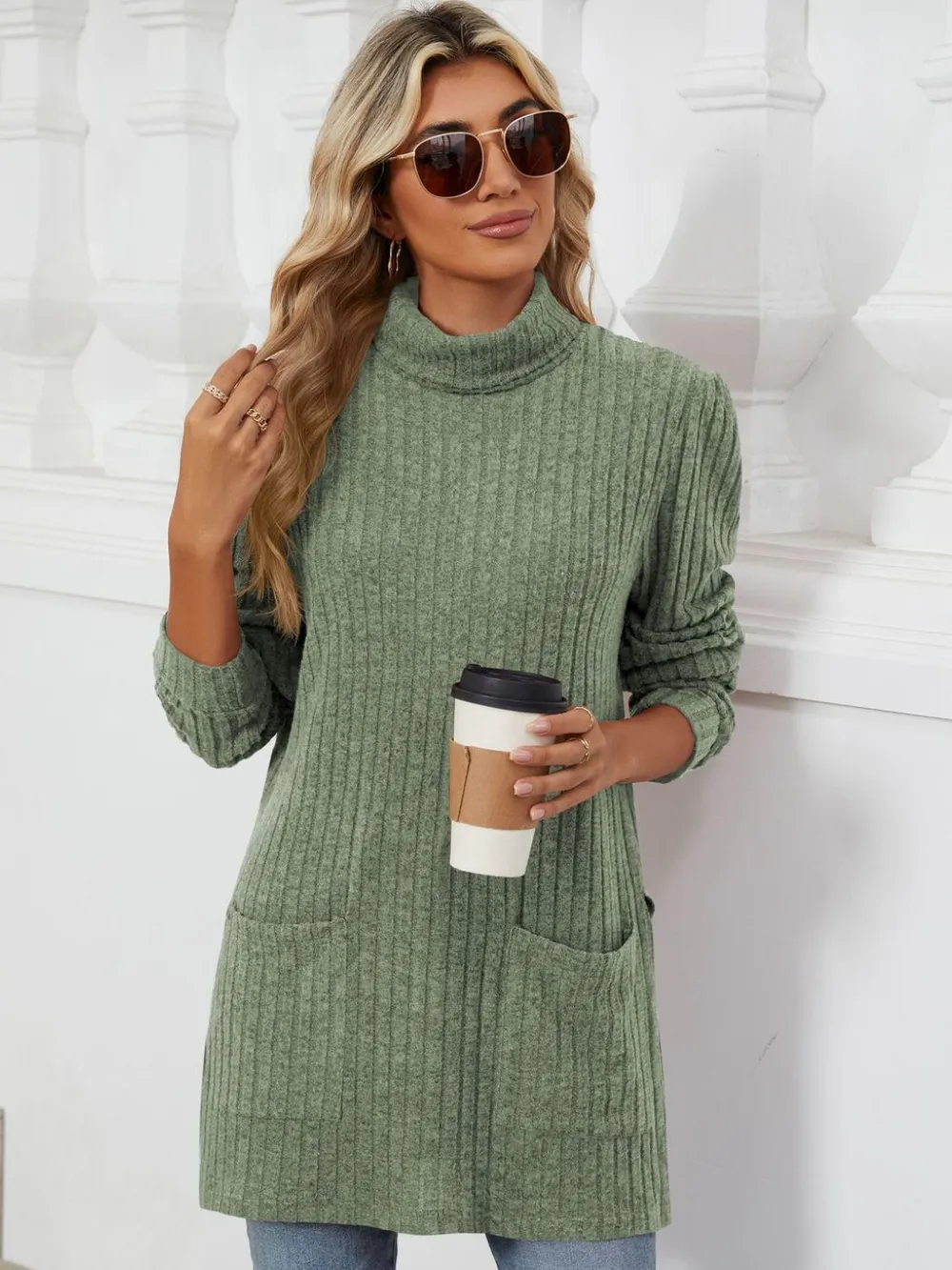 Slit Mock Neck Long Sleeve T-Shirt, image 8