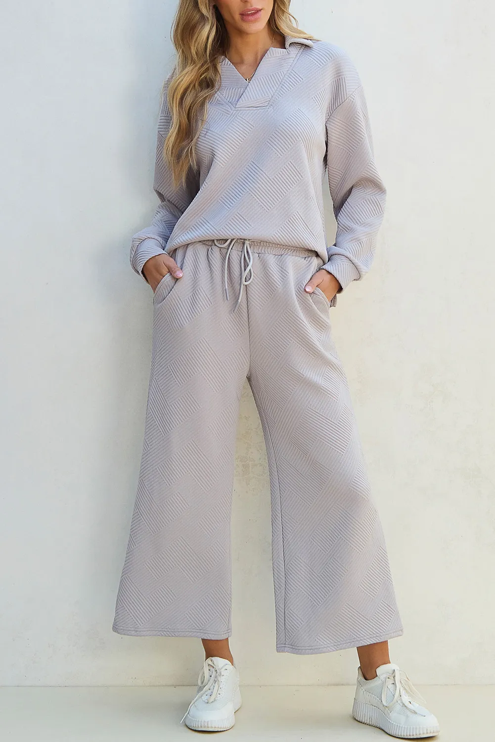 Textured Long Sleeve Top and Drawstring Pants Set, image 8