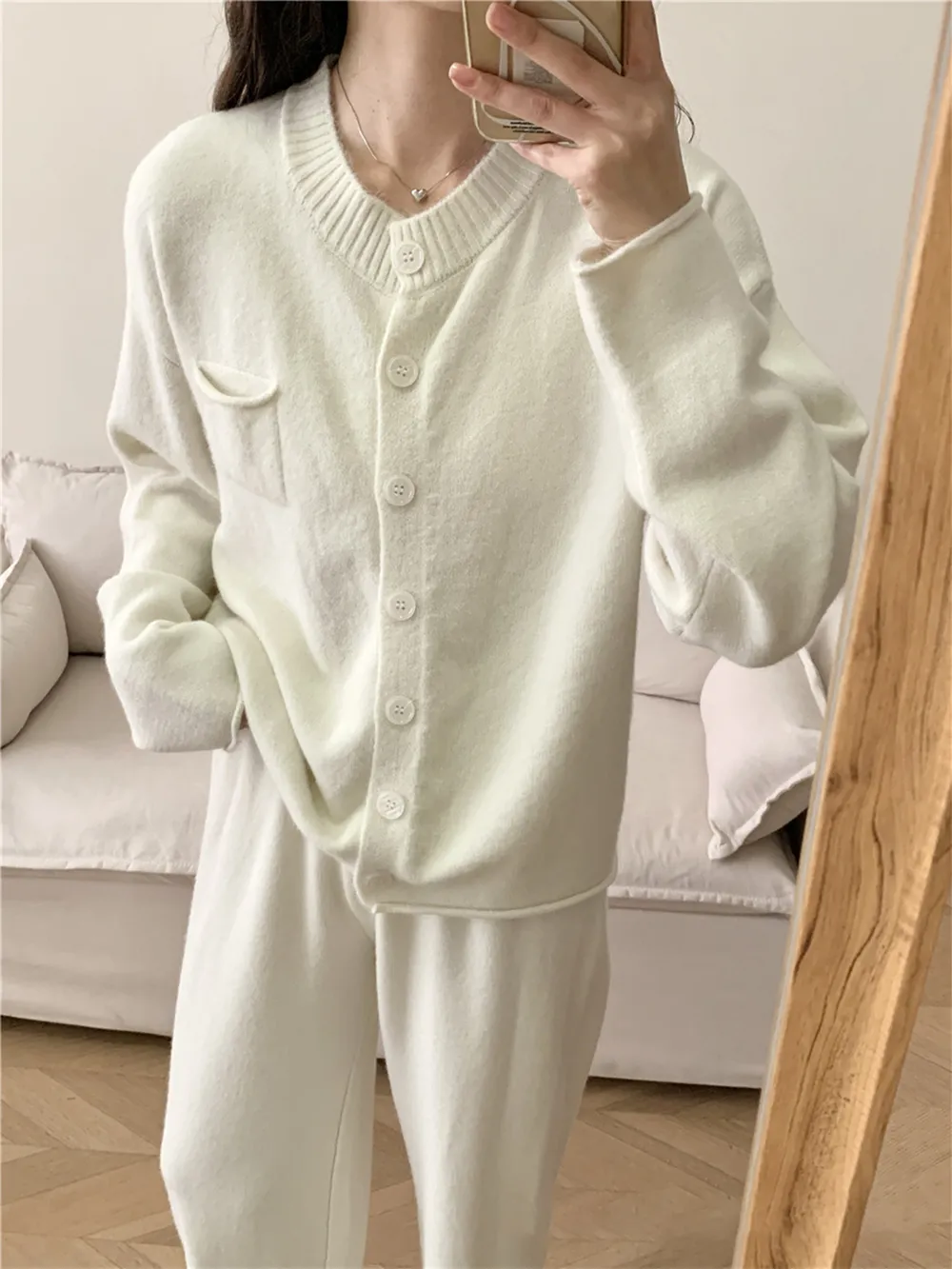 Pocketed Round Neck Button Up Cardigan and Pants Sweater Set, image 4