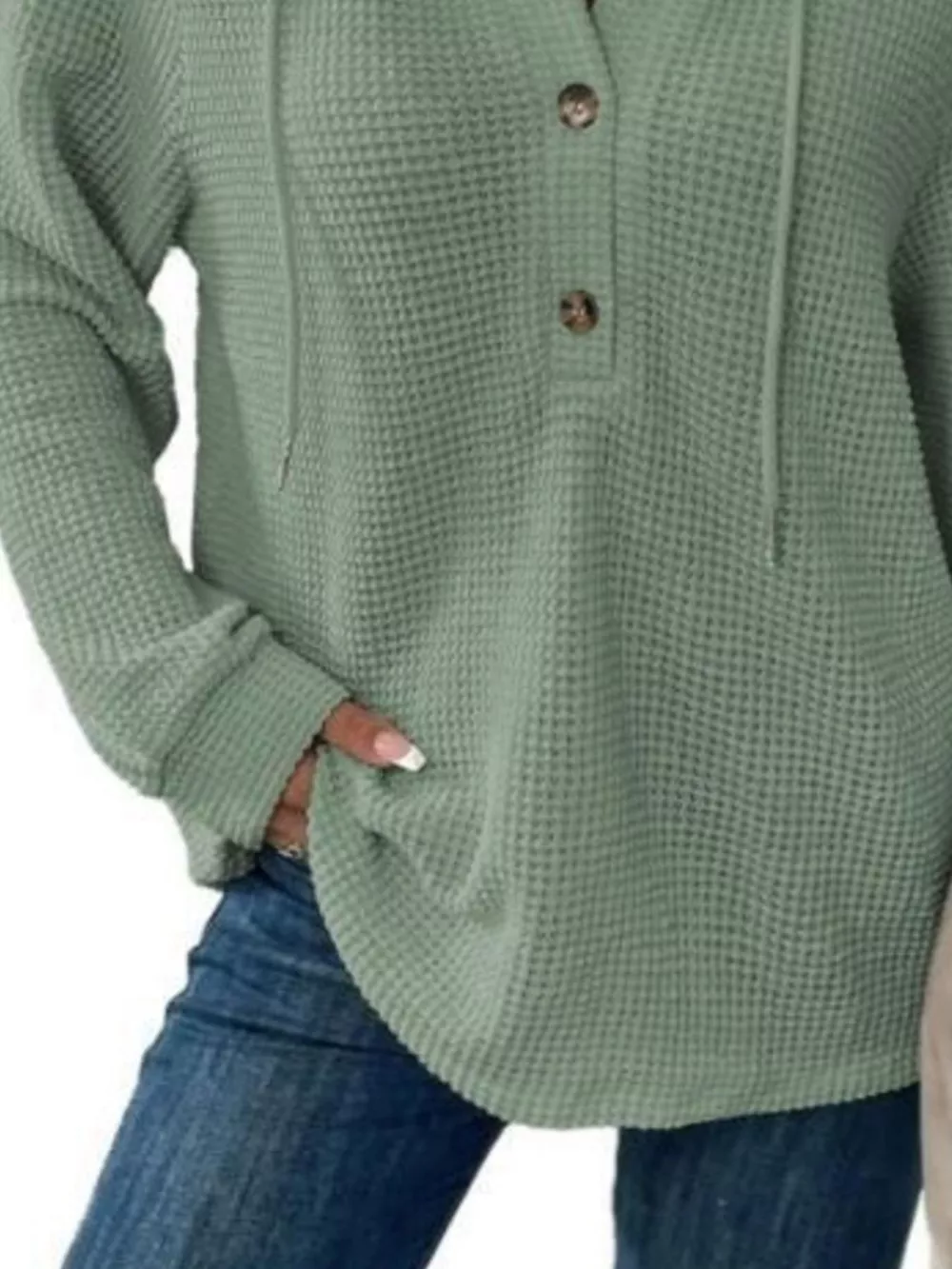 Full Size Button Detail Waffle Knit Hoodie Plus Size, image 19