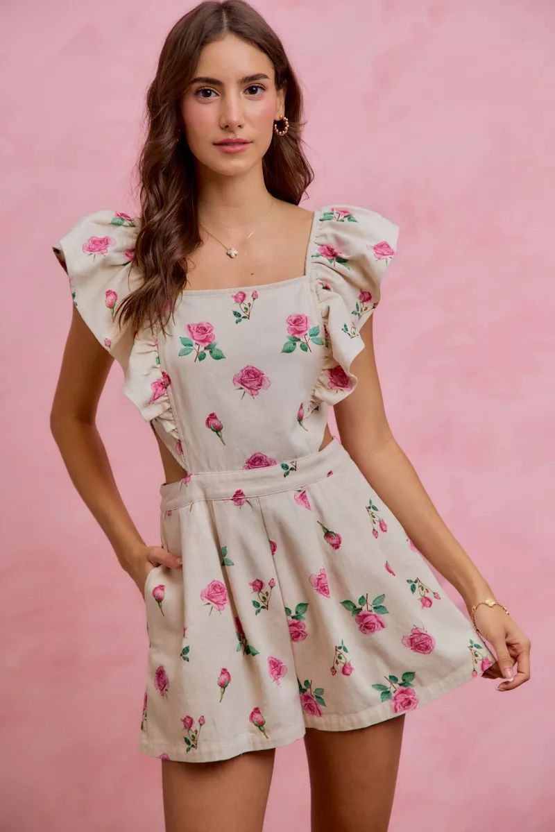Floral Print Denim Cut Out Waist Ruffled Romper, image 9