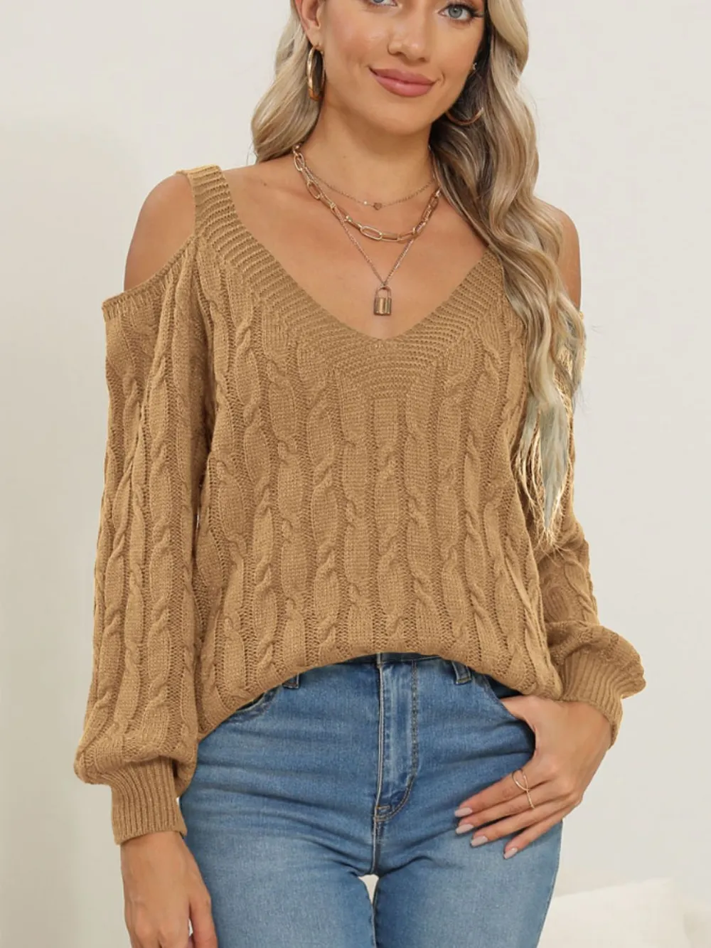 Cable-Knit V-Neck Long Sleeve Sweater, image 4