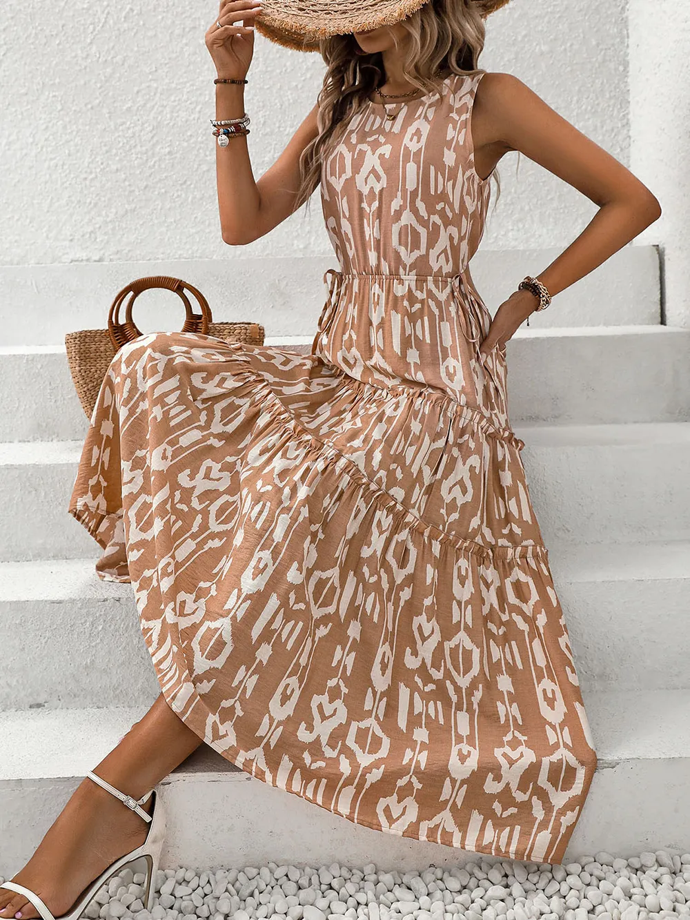Frill Cutout Printed Round Neck Sleeveless Dress, image 4
