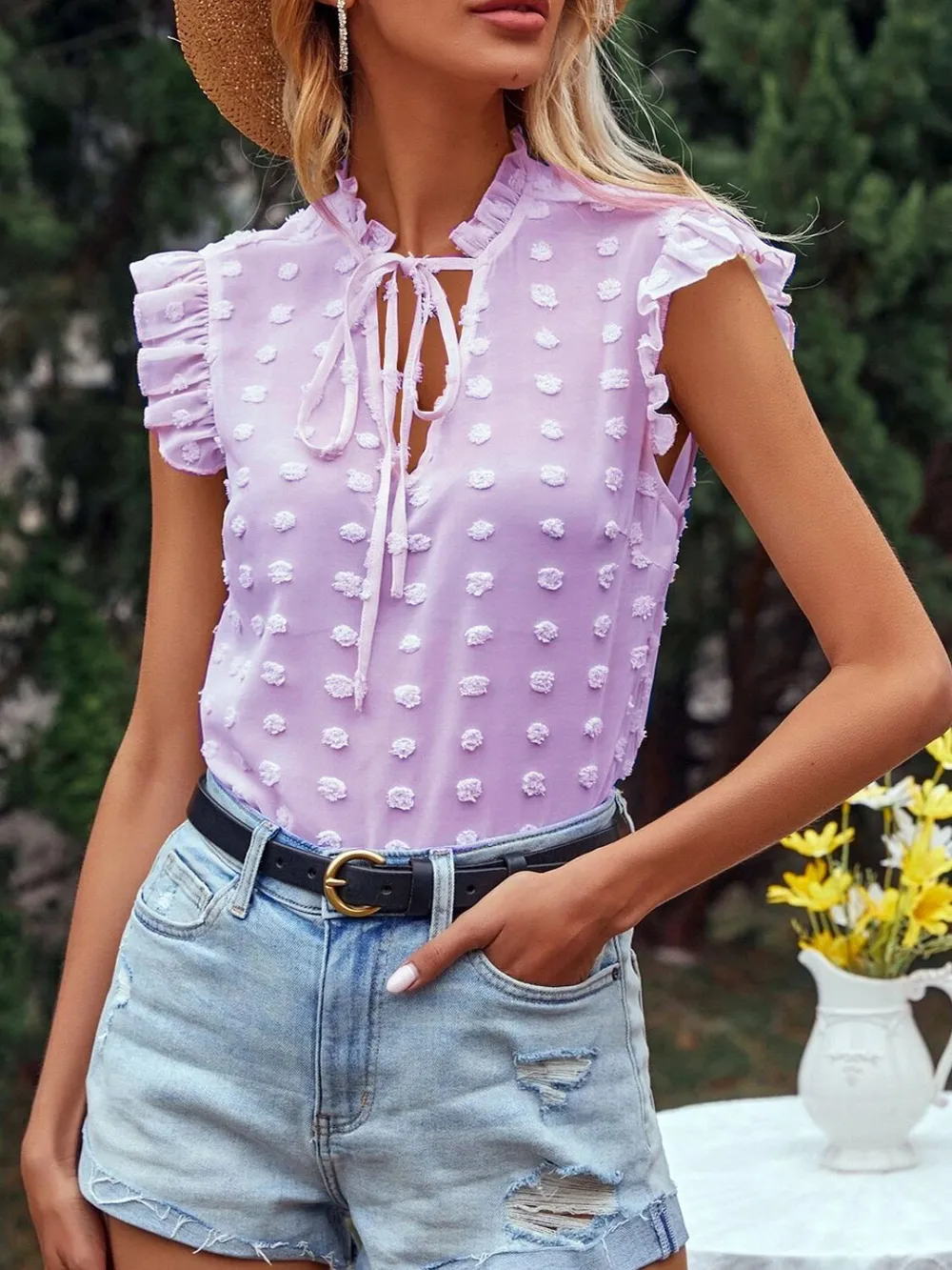 Frill Tie Neck Cap Sleeve Blouse, image 7