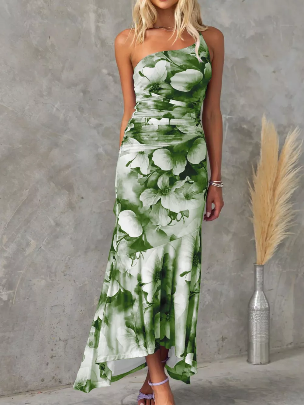 Floral Print One-Shoulder Ruched Maxi Dress, image 12