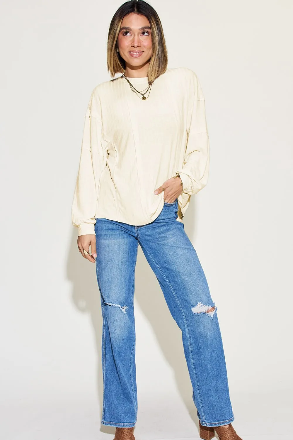 Full Size Ribbed Round Neck Long Sleeve T-Shirt, image 24