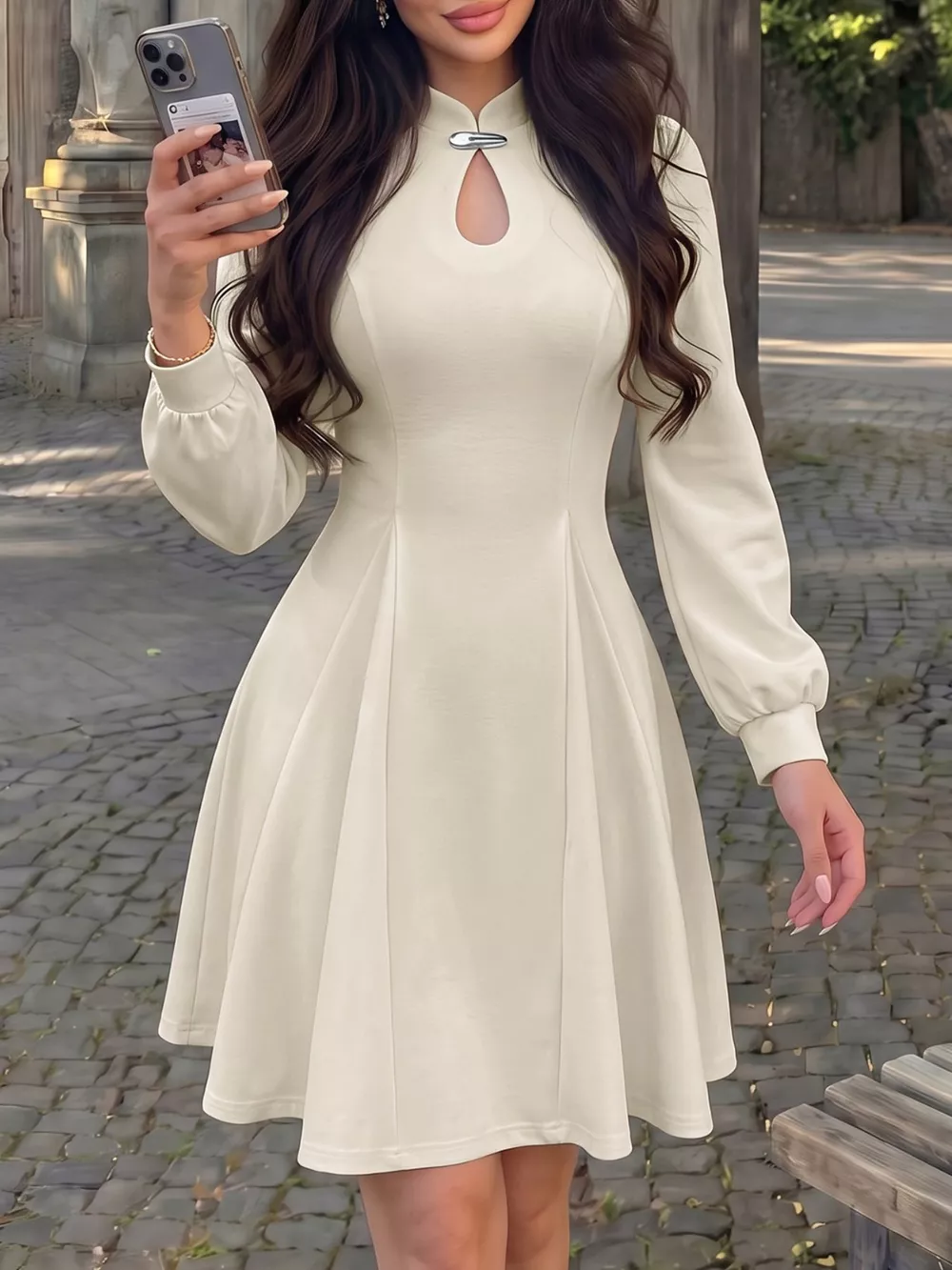 Keyhole Neckline Long Sleeve A-Line Mini Dress, image 4
