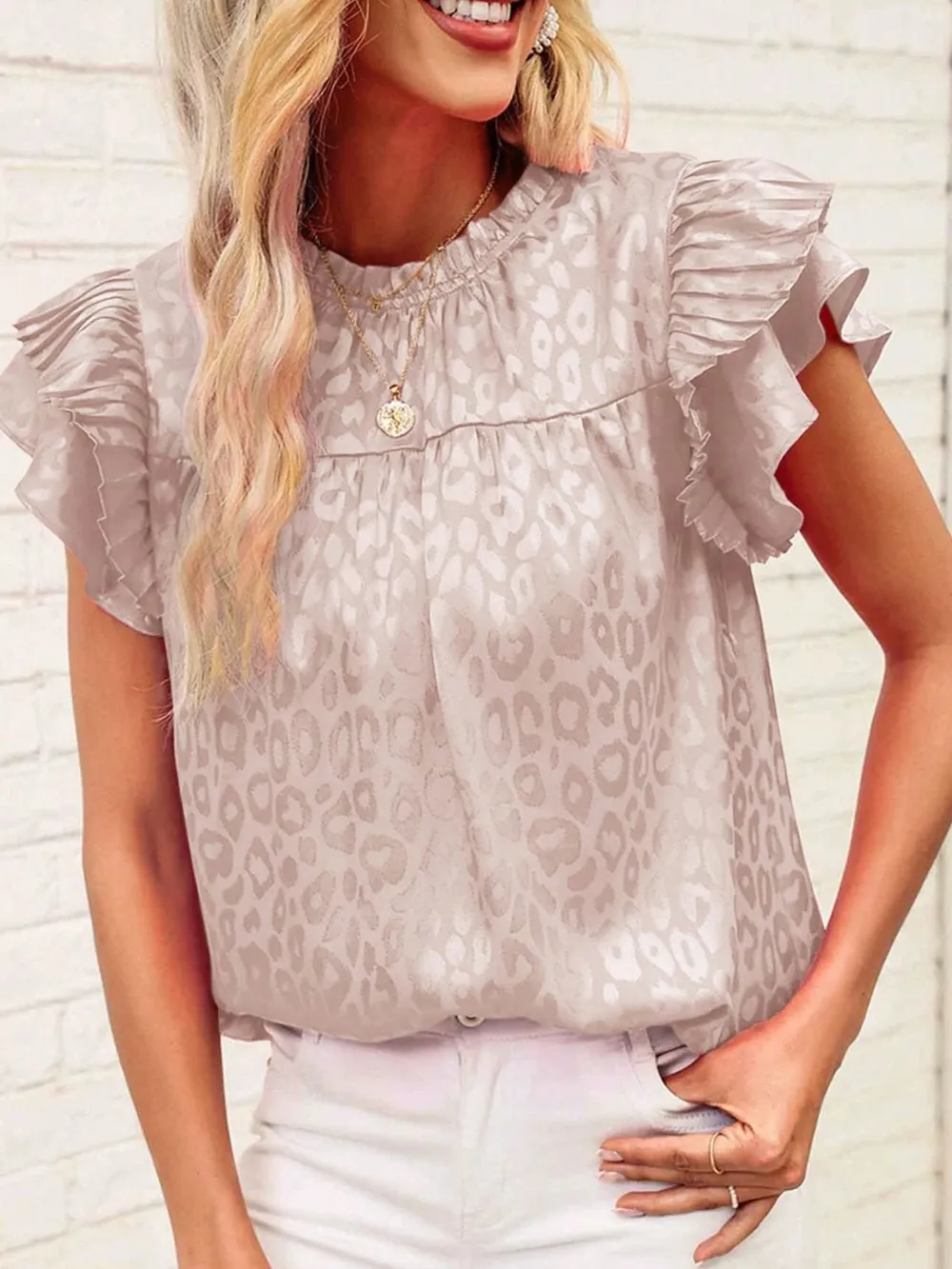 Leopard Frill Mock Neck Ruffled Cap Sleeve Top, image 15
