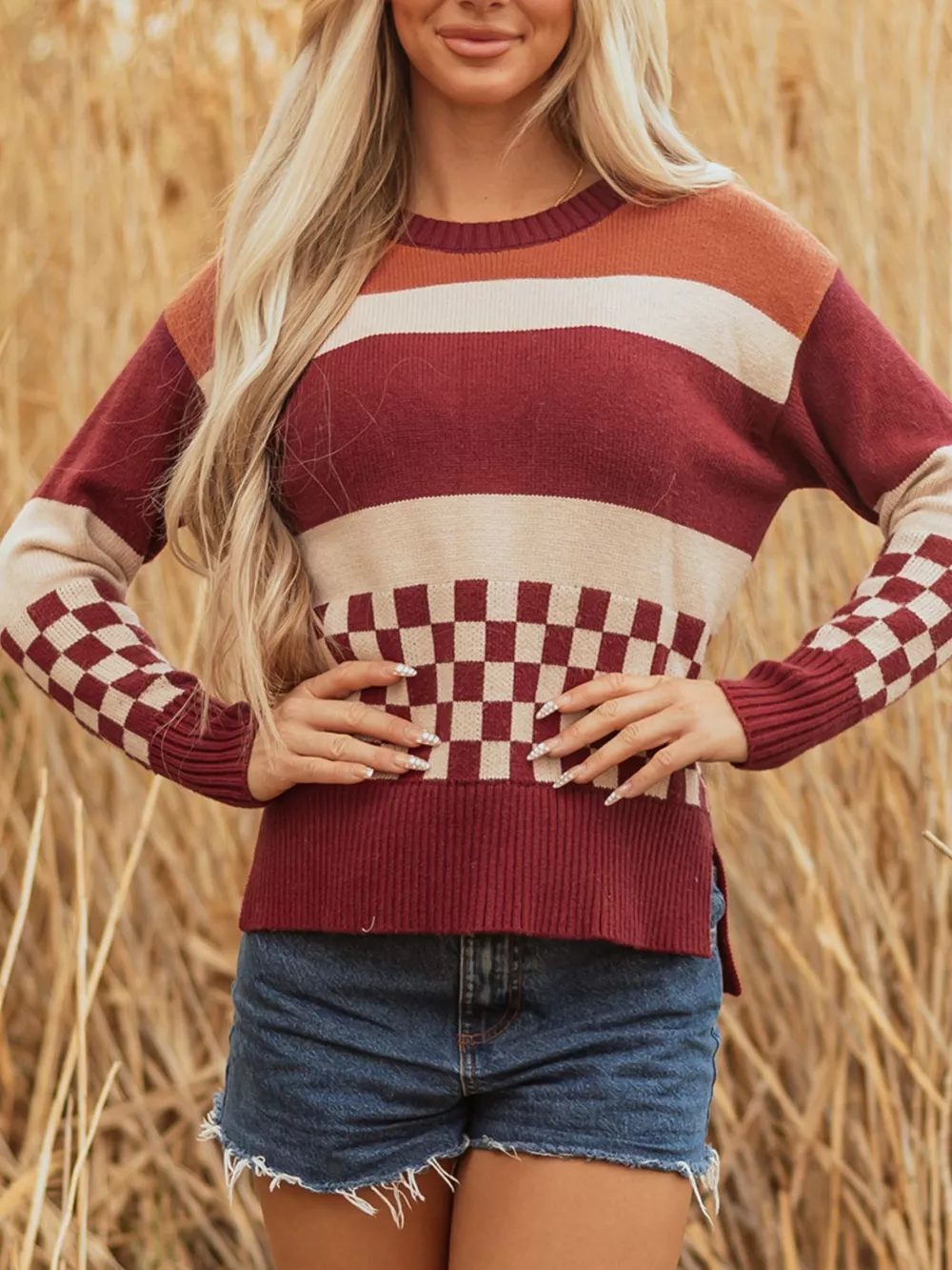 Checkered Color Block Knitted Drop Shoulder Sweater, image 5