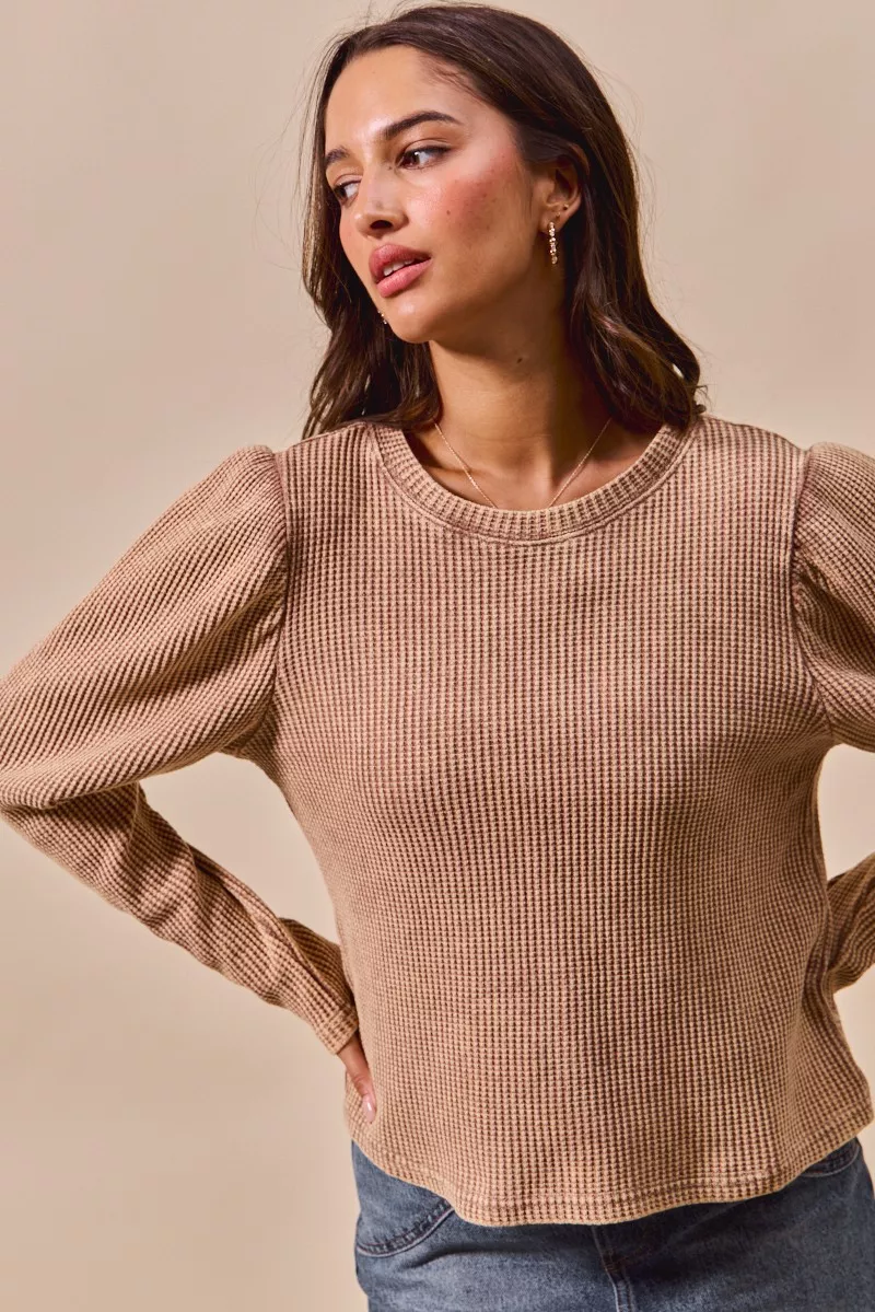 Mineral Washed Waffle Top With Puff Sleeves, image 4