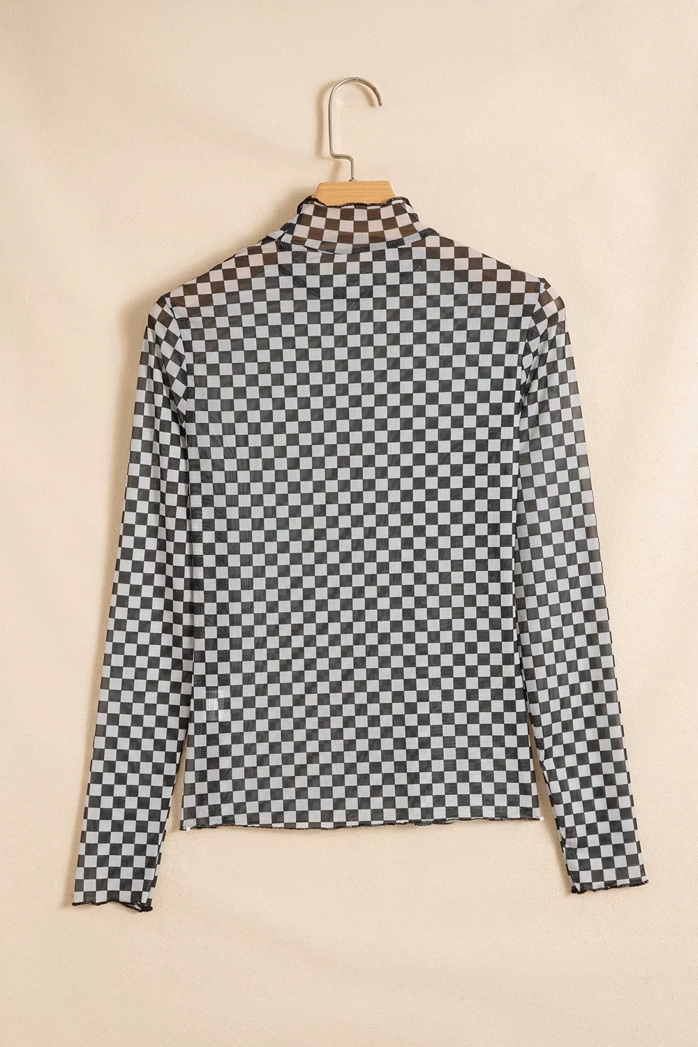 Plaid Stand Neck Long Sleeve Mesh Top, image 7