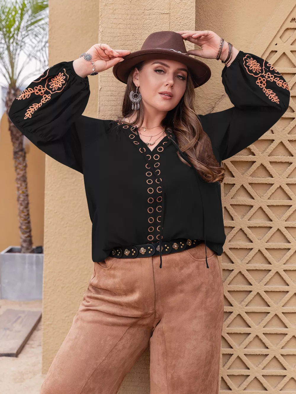 Plus Size Boho Embroidered Long Sleeve Blouse, image 5