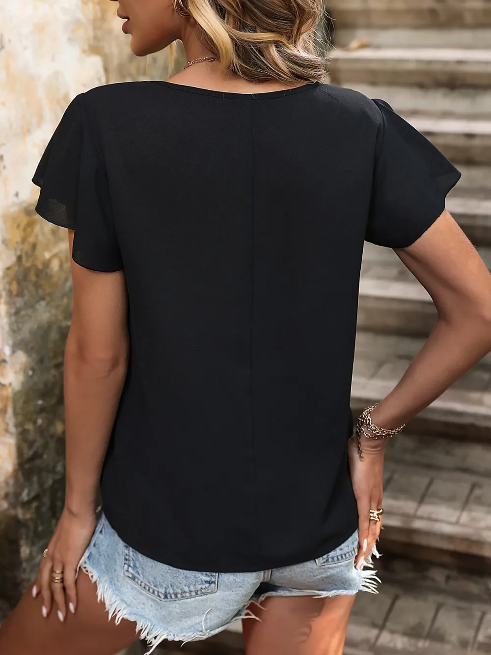 Decorative Button Round Neck Short Sleeve Blouse, image 5
