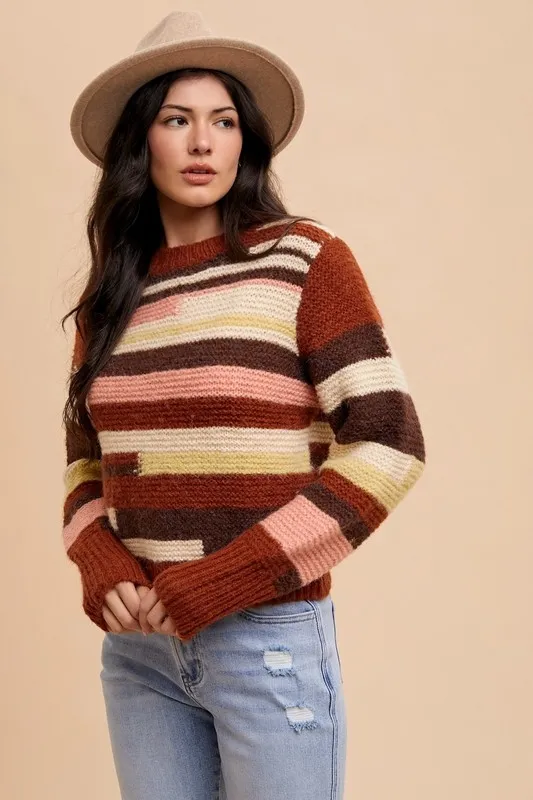 Color Block Round Neck Long Sleeve Sweater, image 3